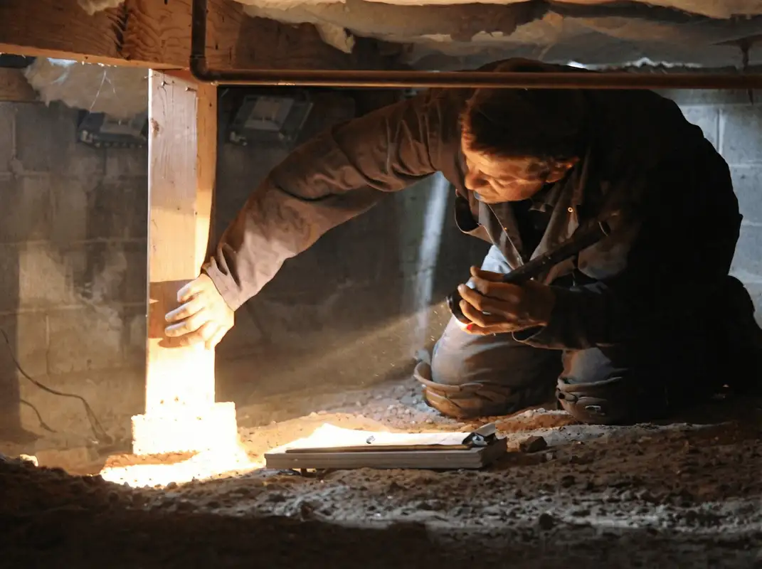 A professional inspecting wooden beams under the floor of a structure in New Orleans, LA